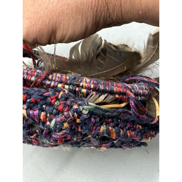 Handwoven Feather Hanging Basket Multicolor Yarn & Natural Feathers Used READ - Picture 7 of 7